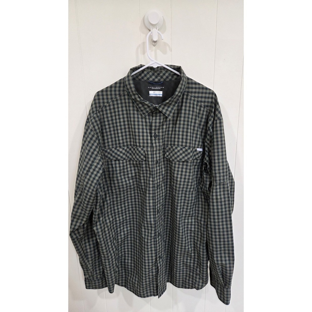 Columbia Omni-Shade XXL Green Plaid Mens Fishing Shirt Vented UPF Tactel Nylon